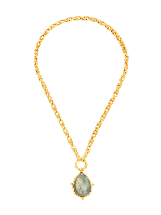 The Sylvia Toledano Pendant Drop Gold Chain with Labradorite features a stunning teardrop-shaped design, showcasing a mesmerizing labradorite stone that beautifully captures light with its greenish hues.