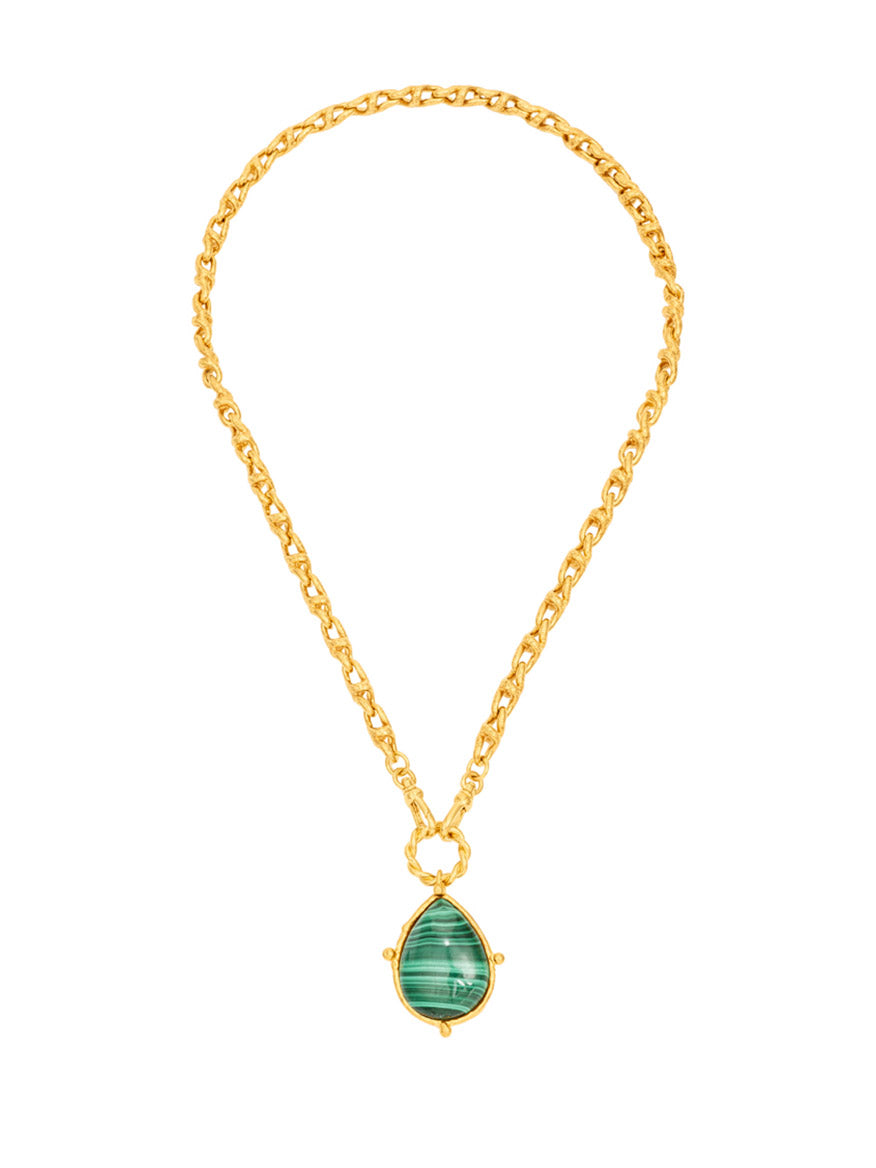 Sylvia Toledano's gold chain necklace showcases a captivating drop pendant adorned with a teardrop-shaped malachite stone.