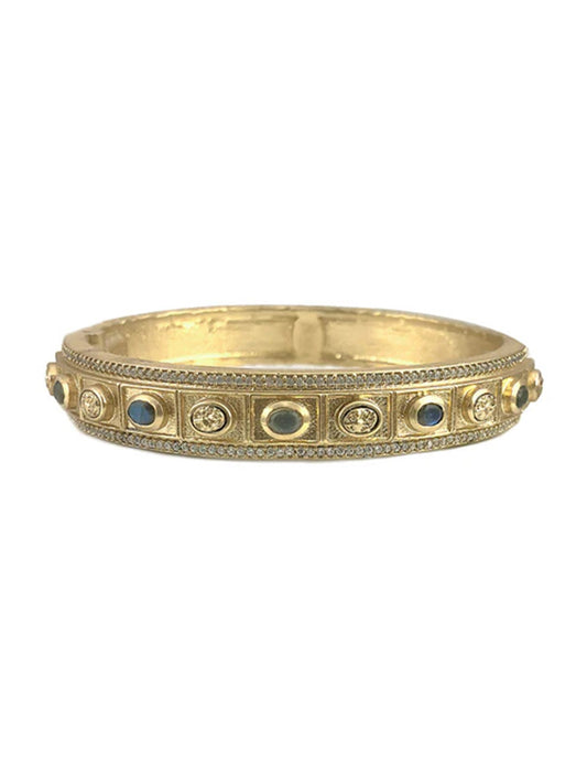 The Tat2 Designs Bela Small Oval Labradorite & Coin Bangle in Gold features labradorite stones and clear cubic zirconia accents set in a repeating pattern around its circumference.
