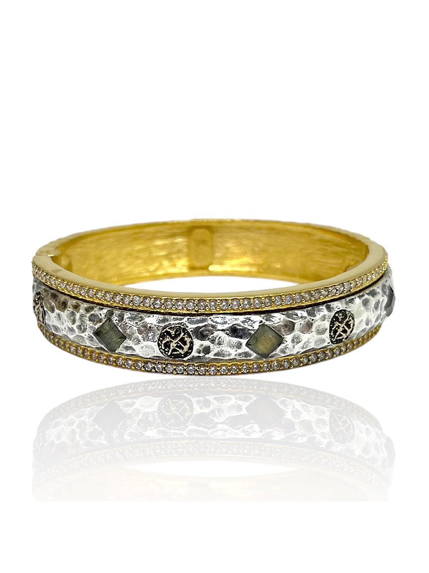 The Tat2 Designs Labradorite Mota Coin Bangle in Gold & Vintage Silver features a wide, hammered adjustable design with geometric and decorative accents.