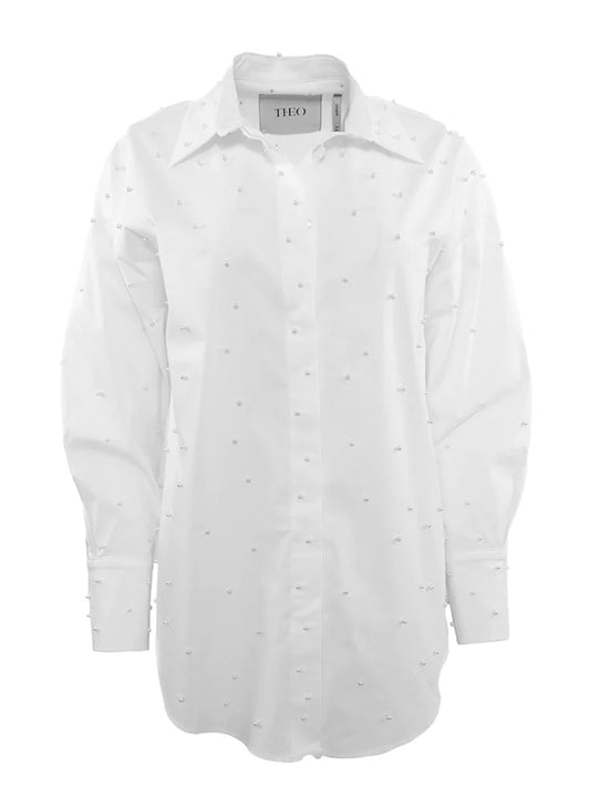 THEO The Label Echo Pearly Shirt in White long-sleeved shirt with button-down front and pearl details.