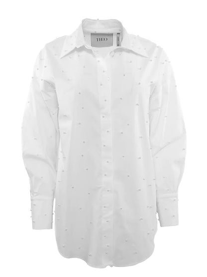 THEO The Label Echo Pearly Shirt in White long-sleeved shirt with button-down front and pearl details.