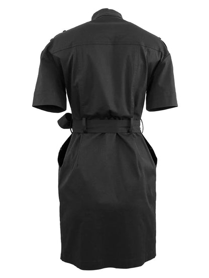 A black chef's apron with a military-inspired design, worn from the back view of THEO The Label Thallo Safari Dress in Black.