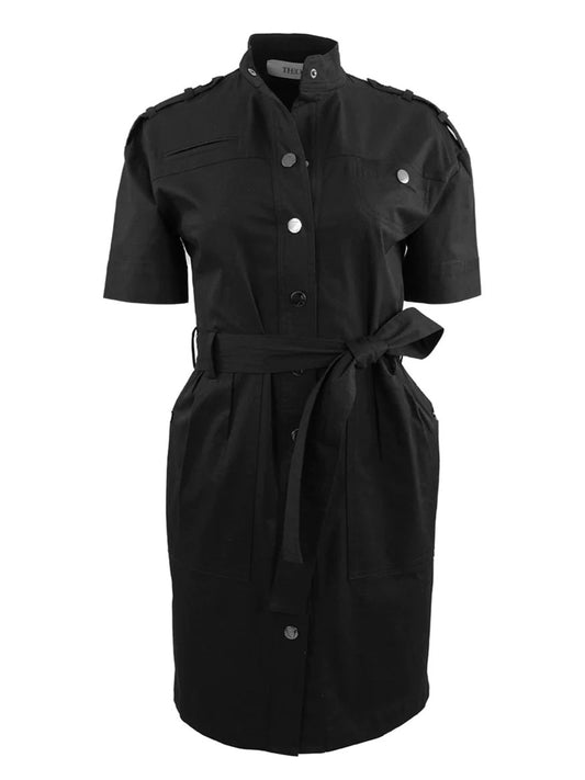 THEO The Label Thallo Safari Dress in Black with military-inspired design, epaulettes, and waist tie.