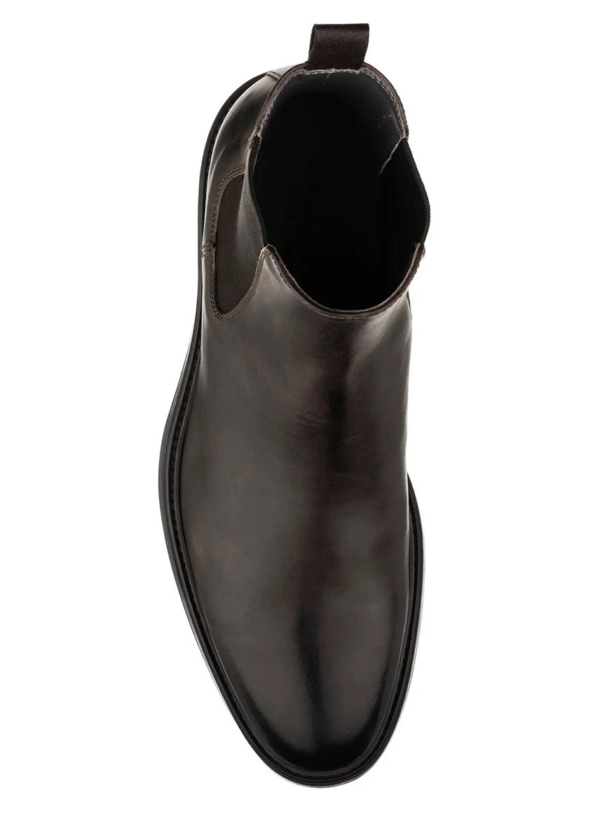 Top view of the To Boot New York Largo Chelsea Boot in Moro, handcrafted in Italy from dark brown Italian calf leather, featuring elastic side panels and a pull tab at the heel, shown on a white background.