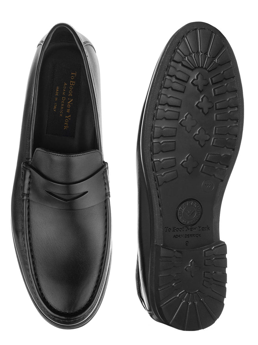 The To Boot New York Belfast in Black features Italian leather, ideal as smart casual loafers—one shoe highlights the top view, while the other reveals the treaded rubber sole.