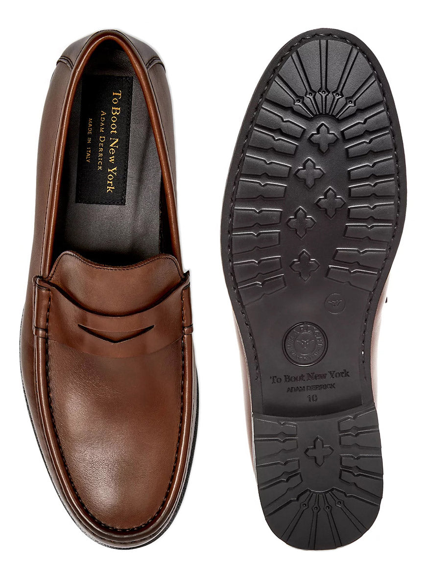 To Boot New York Belfast in Cognac: Italian leather loafers—one shown from the top, the other from the sole with a black rubber treaded outsole. Perfect smart-casual shoes for any occasion.