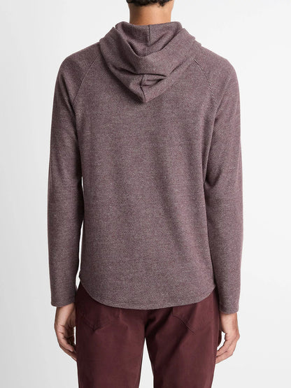 A person is seen from the back wearing the Vince Broken Twill Pullover Hoodie in Port/Heather Grey, made from a soft modal and cotton blend, set against a plain light background.