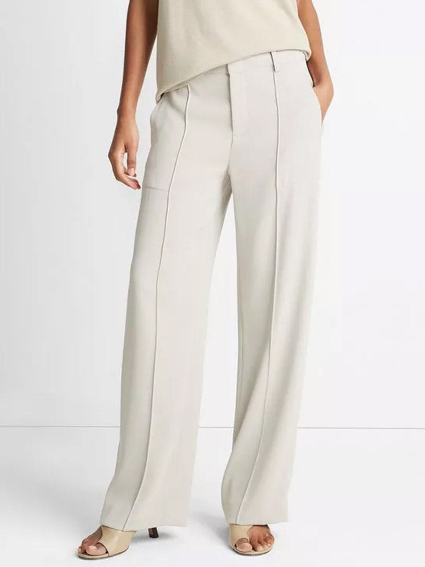 Woman wearing Vince Crepe Wide-Leg Utility Pant in Sepia with belt loops and open-toe heels.