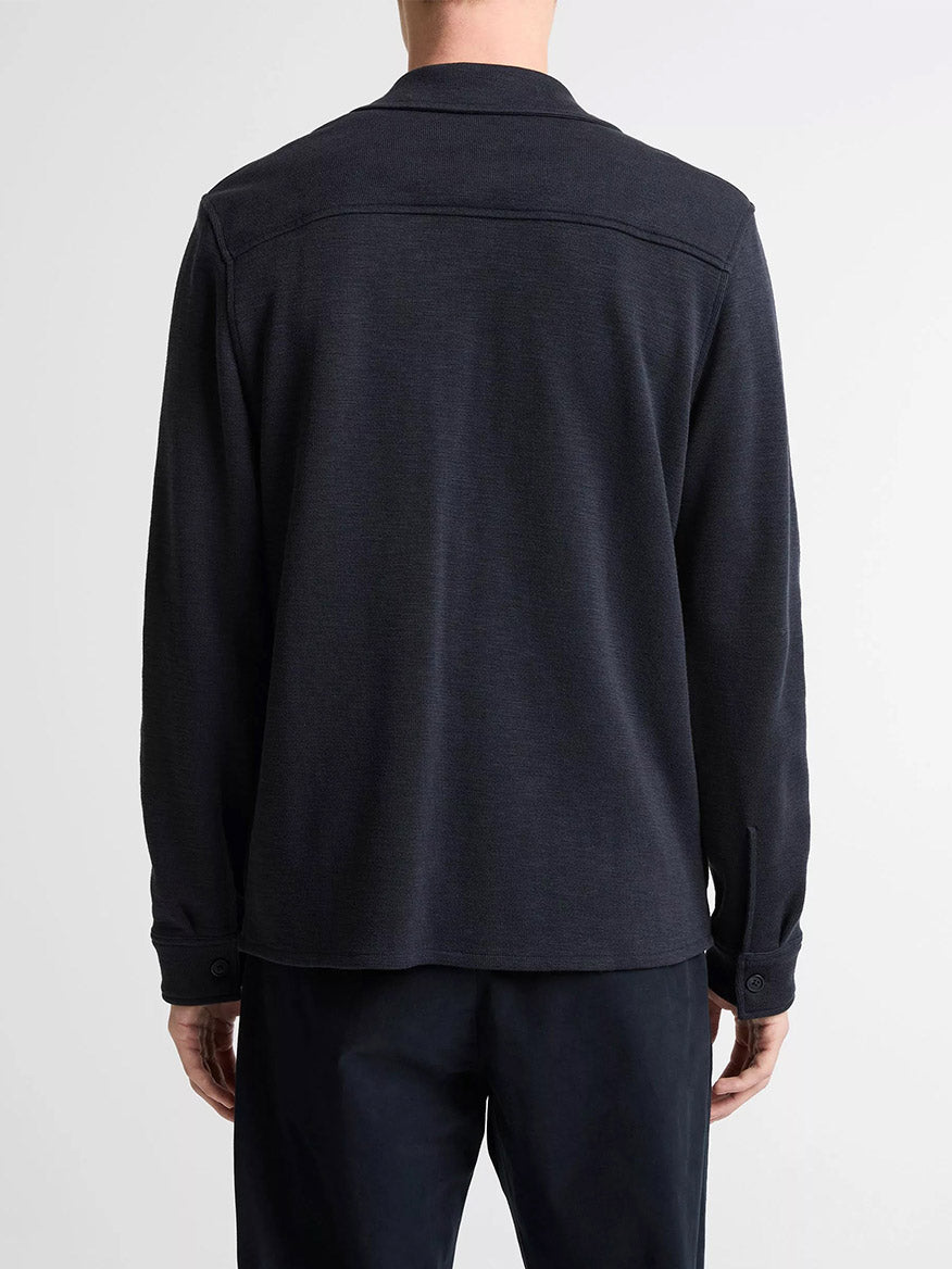 A person is shown from the back against a plain light background, wearing the Vince Double-Slub Cotton-Blend Shirt Jacket in Coastal Blue with matching pants.