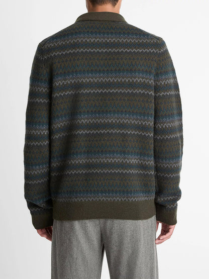 A person is seen from the back against a plain white background wearing gray trousers and the Vince Fair Isle Wool-Cashmere Johnny-Collar Sweater in Dark Leaf Combo.