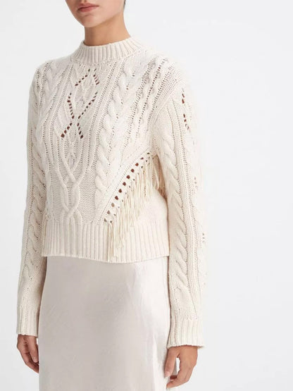 Vince Fringe Merino Wool-Cashmere Cable Sweater in Cream