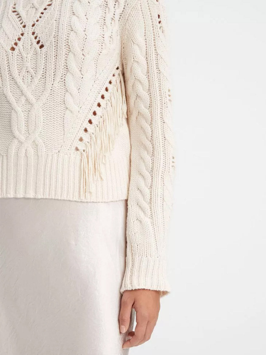 Vince Fringe Merino Wool-Cashmere Cable Sweater in Cream