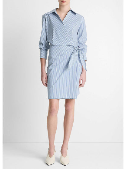 Furrow Stripe Cotton-Blend Wrap Dress in Coastal Blue/Off-White | Vince Furrow Stripe Cotton-Blend Wrap Dress in Coastal Blue/Off-White | Vince