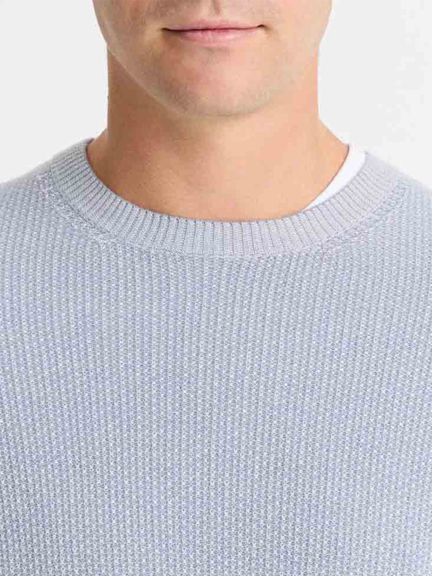 A person wearing the Vince Geo-Jacquard Wool-Blend Crew Neck Sweater in Blue Hour/Classic Cream over a white shirt, visible from the chest up against a plain background.