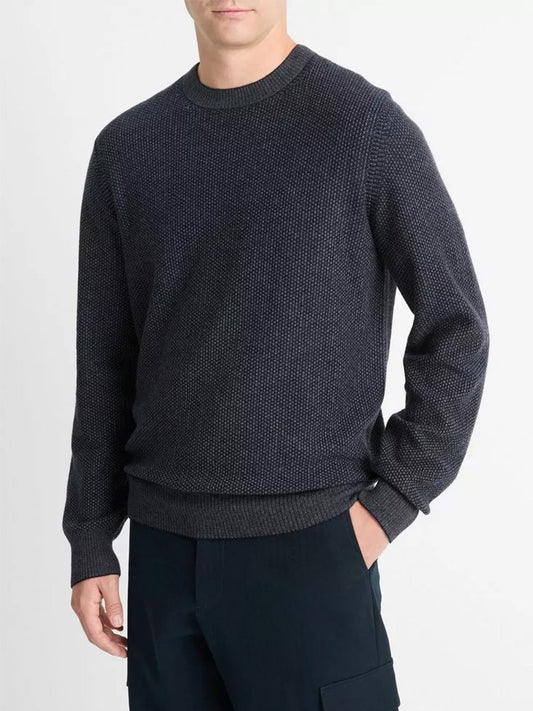 Vince Geo-Jacquard Wool-Blend Crew Neck Sweater in Coastal/Medium Grey