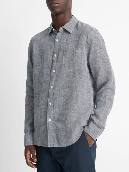 Vince Houndstooth Linen Button-Front Shirt in Coastal Blue/Optic White