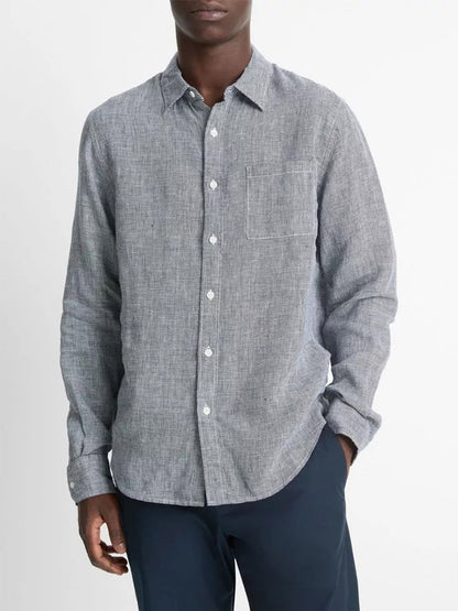 Vince Houndstooth Linen Button-Front Shirt in Coastal Blue/Optic White