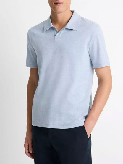 Vince Houndstooth Pima Cotton Johnny-Collar Polo Shirt in Cabo Blue/Optic White