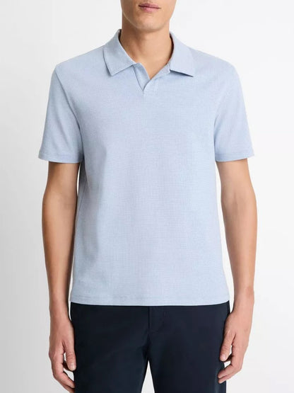 Vince Houndstooth Pima Cotton Johnny-Collar Polo Shirt in Cabo Blue/Optic White