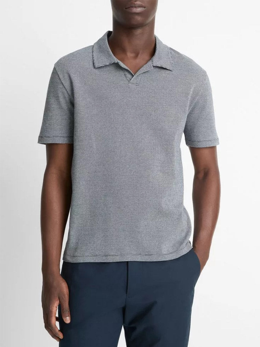 Vince Houndstooth Pima Cotton Johnny-Collar Polo Shirt in Coastal Blue/Optic White