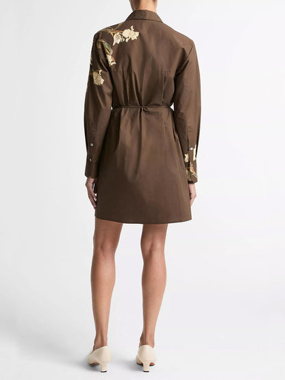 Women's Placed Iris Cotton Button-Front Shirt, Dark Bark, Size M | Vince Women's Placed Iris Cotton Button-Front Shirt, Dark Bark, Size M | Vince