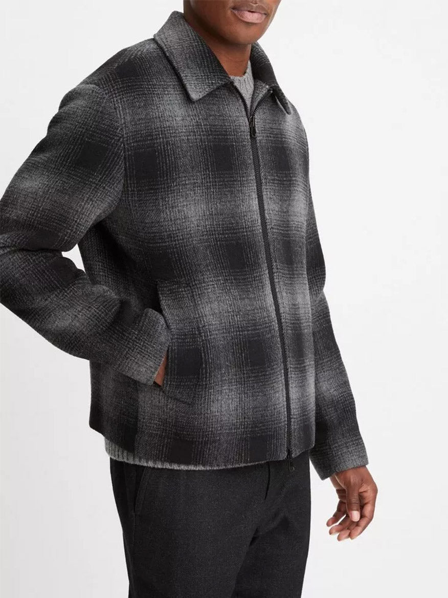 Vince Plaid Wool-Blend Shirt Jacket in Heather Black/Heather Grey