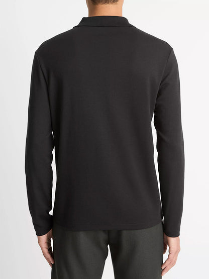 A person is shown from the back against a plain white background, wearing the Vince Milano Pima Cotton-Blend Johnny-Collar Shirt in Black with dark pants.