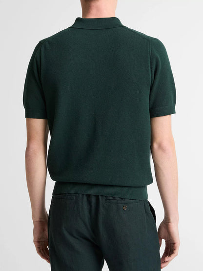 A person wearing the Vince Cotton-Cashmere Piqué Zip Polo Sweater in Seaweed stands with their back to the camera against a plain background, paired with matching pants.