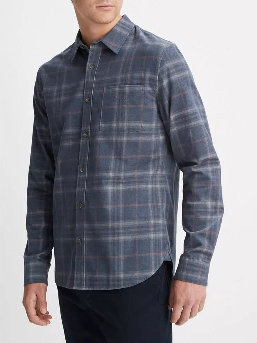 Vince Plaid Cotton Corduroy Shirt in Iris Blue/Chalk Pink