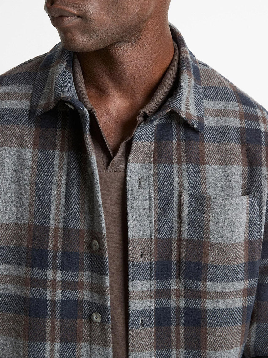 A person wears the Vince Plaid Cotton-Blend Shirt Jacket in Medium Heather Grey Combo over a brown collared shirt, with only their lower face, neck, and upper torso visible.