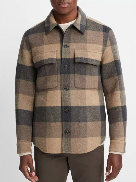 Vince Plaid Splittable Wool-Blend Shirt Jacket in Warm Pewter