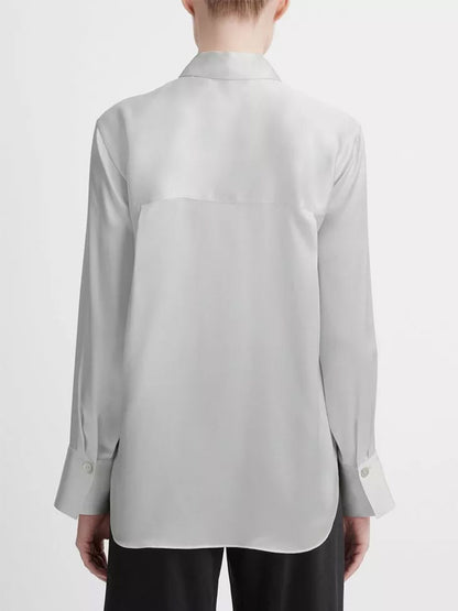 Vince Silk Relaxed Chest-Pocket Blouse in Silverstone
