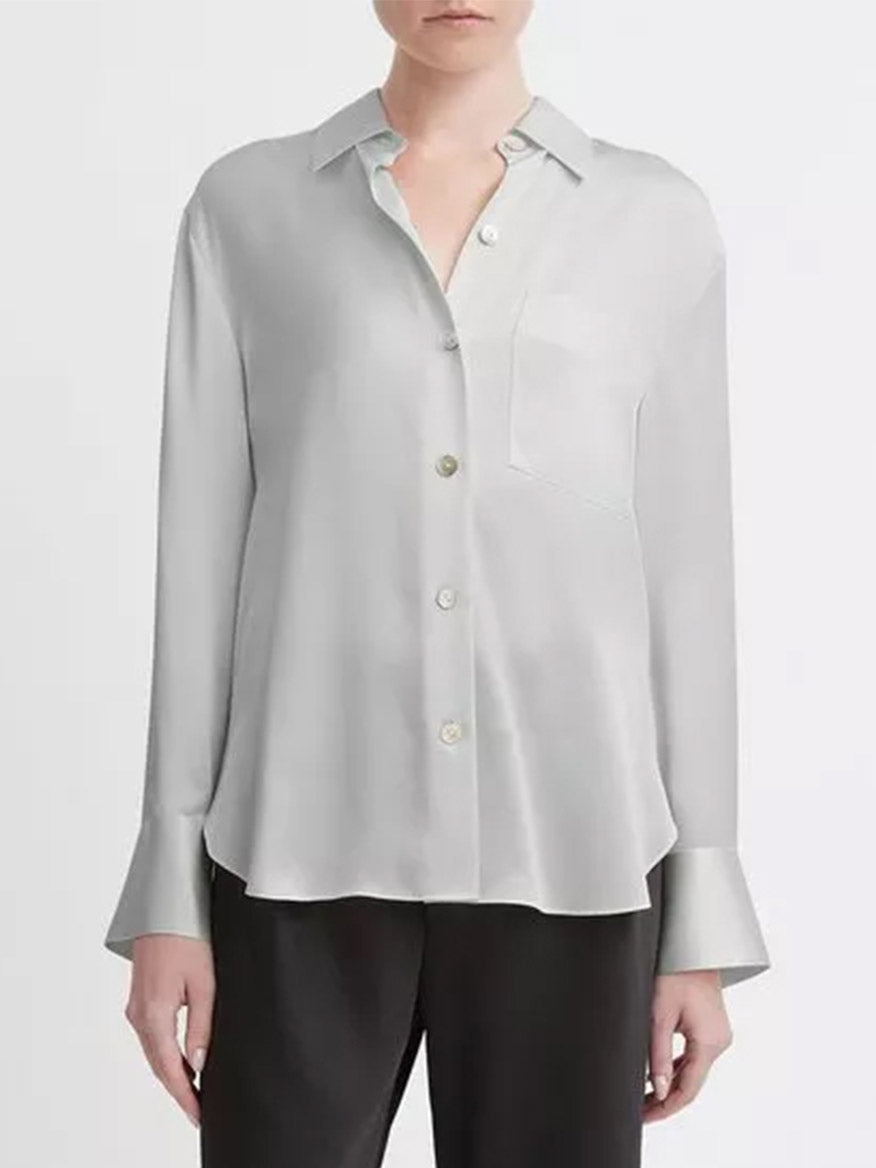 Vince Silk Relaxed Chest-Pocket Blouse in Silverstone