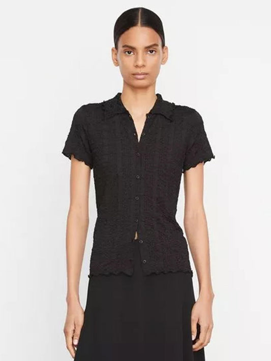 Vince Smocked Short Sleeve Button-Front Shirt in Black