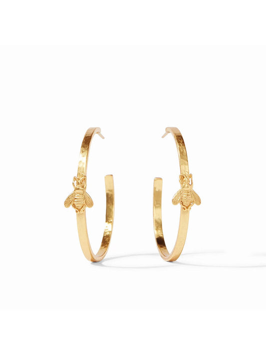 A pair of Julie Vos Bee Hoop Earrings - Large Gold with a whimsical bee decoration on each, displayed against a white background.