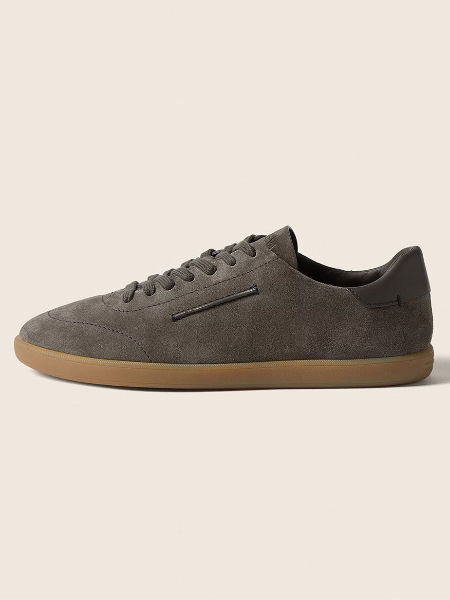 The Zegna 232 Suede Sneakers in Dark Taupe feature a gum sole, lace-up closure, and minimal detailing; crafted in Italy, they are shown in side profile on a plain background.