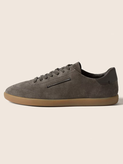 The Zegna 232 Suede Sneakers in Dark Taupe feature a gum sole, lace-up closure, and minimal detailing; crafted in Italy, they are shown in side profile on a plain background.