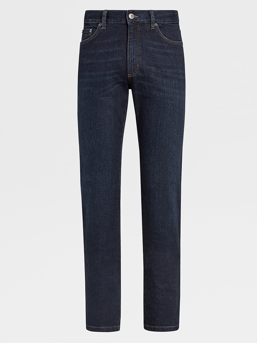 A pair of Zegna Classic Comfort Cotton Denim in Dark Blue with a button and zipper closure, five pockets, and straight legs, offering classic comfort cotton in a regular fit.