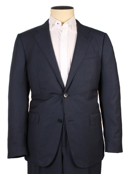 The Zegna Dark Avio Blue Check Trofeo™ Wool Suit, made in Italy, is shown on a mannequin with a white dress shirt. This elegant men's suit features a tailored jacket and matching trousers in premium wool fabric.