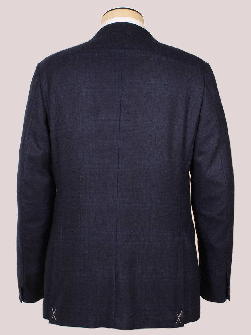 Back view of the Zegna 15MILMIL Navy Window Plaid Sport Jacket on a mannequin, featuring long sleeves, refined hem stitching, and its Italian-made signature window plaid pattern.