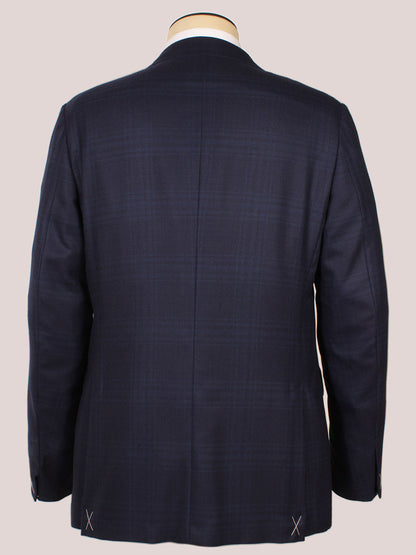 Back view of the Zegna 15MILMIL Navy Window Plaid Sport Jacket on a mannequin, featuring long sleeves, refined hem stitching, and its Italian-made signature window plaid pattern.