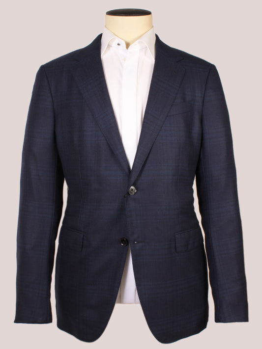 The Zegna 15MILMIL Navy Window Plaid Sport Jacket, made in Italy, is styled over a white dress shirt and showcased on a headless mannequin against a plain background.