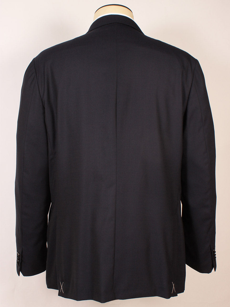 A Zegna Navy Trofeo Comfort Wool Blazer is displayed from the back on a mannequin, highlighting visible seams and sleeve buttons.