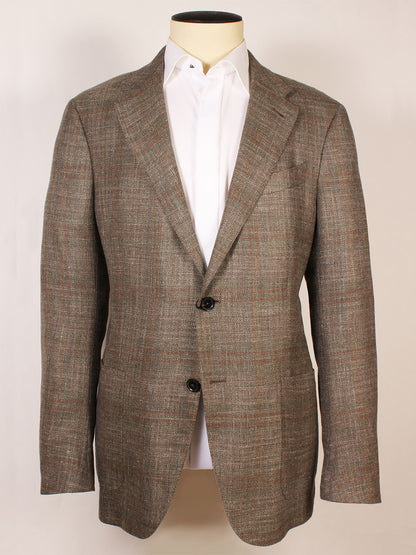 The Zegna Fairway Winter Crossover Sport Jacket in Hunter Green Plaid, shown on a mannequin with a white dress shirt, is expertly crafted in Italy for timeless style and sophistication.