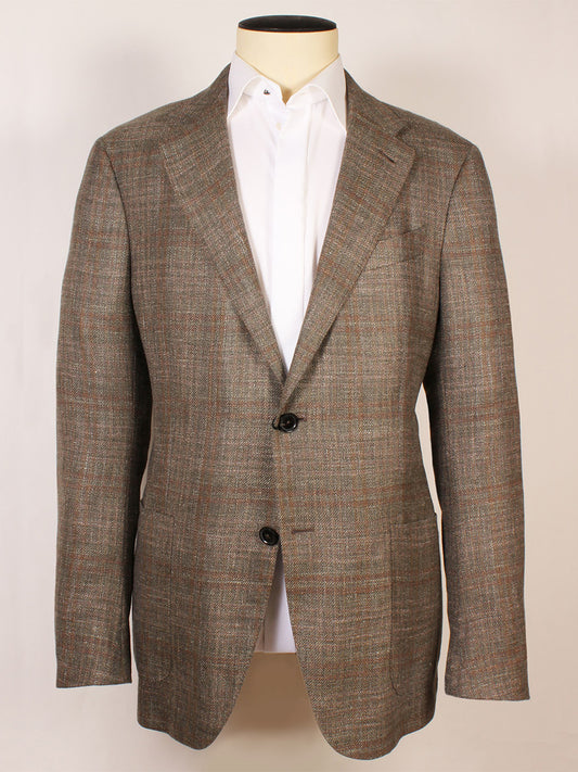The Zegna Fairway Winter Crossover Sport Jacket in Hunter Green Plaid, shown on a mannequin with a white dress shirt, is expertly crafted in Italy for timeless style and sophistication.