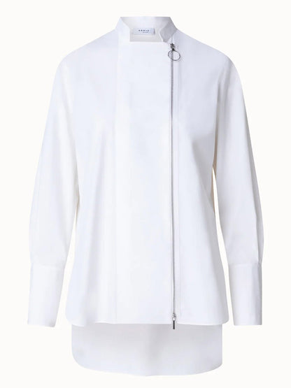 Akris Punto Asymmetric Zip Front Cotton Poplin Shirt in Cream