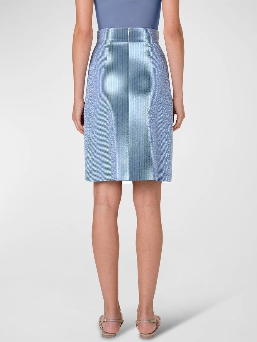 Akris Punto Colorblock Seersucker Midi Skirt in Denim/Cream