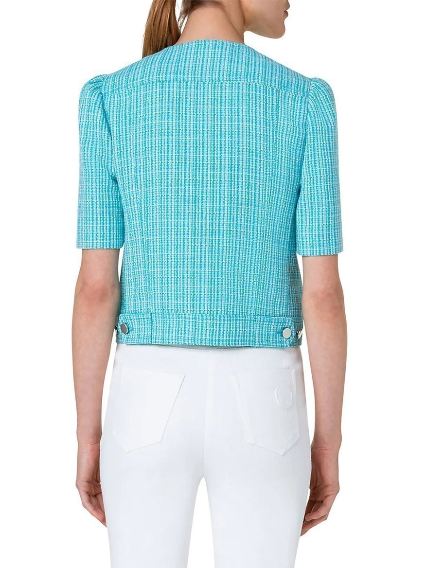 Akris Punto Linen Blend Tweed Half Sleeve Jacket in Turquoise Multi