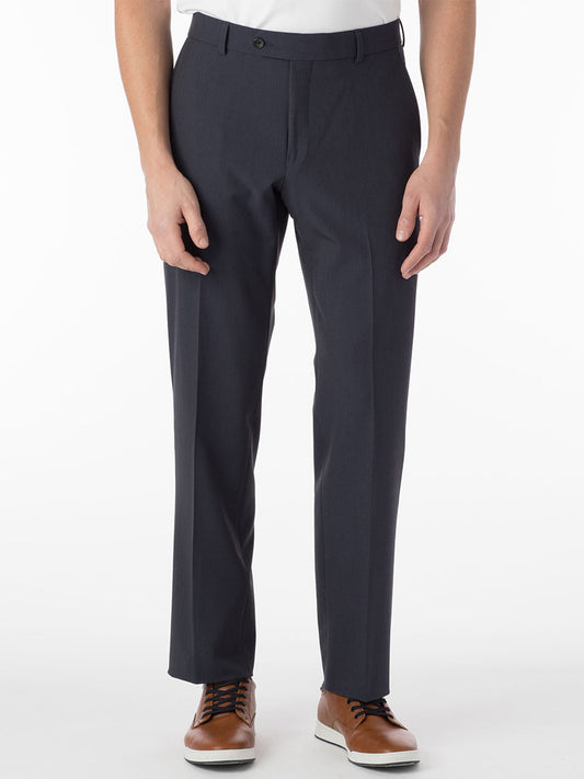 A man wearing Ballin Connor Comfort 'EZE' Modern Flat Front Pant in Blue Mix, lightweight and breathable dress slacks.